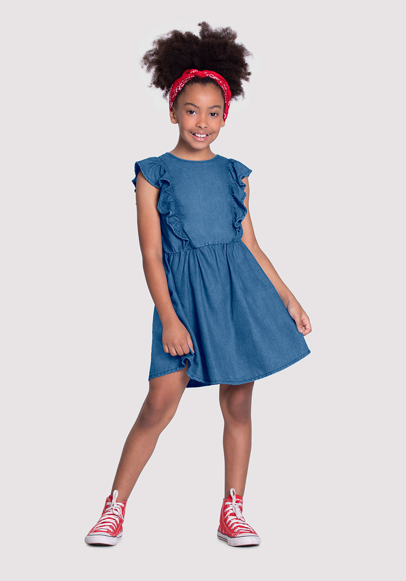 Vestido jeans store curto com babado