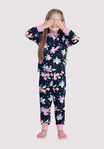 Pijama Infantil Menina Longo Estampado, FADAS MARINHO, large.