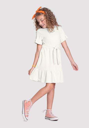 Vestido Curto Infantil Texturizado com Faixa, BRANCO OFF WHITE, large.