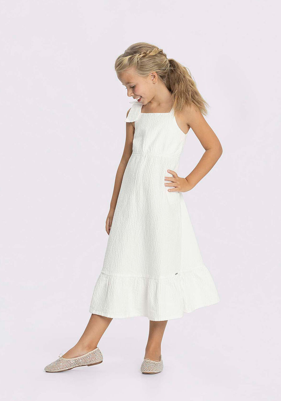 Vestido Midi Infantil Em Sarja Com Babado E Laço Na Alça, OFF WHITE. Vestido Midi Infantil Em Sarja Com Babado E Laço Na Alça, OFF WHITE, large.