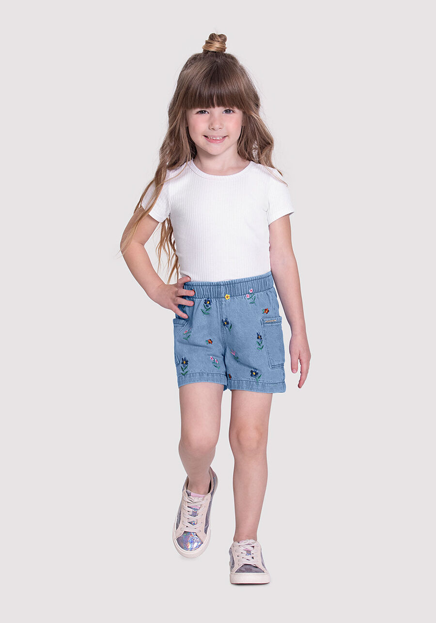Shorts Jeans Infantil Menina com Bordado Flores, JEANS, large.