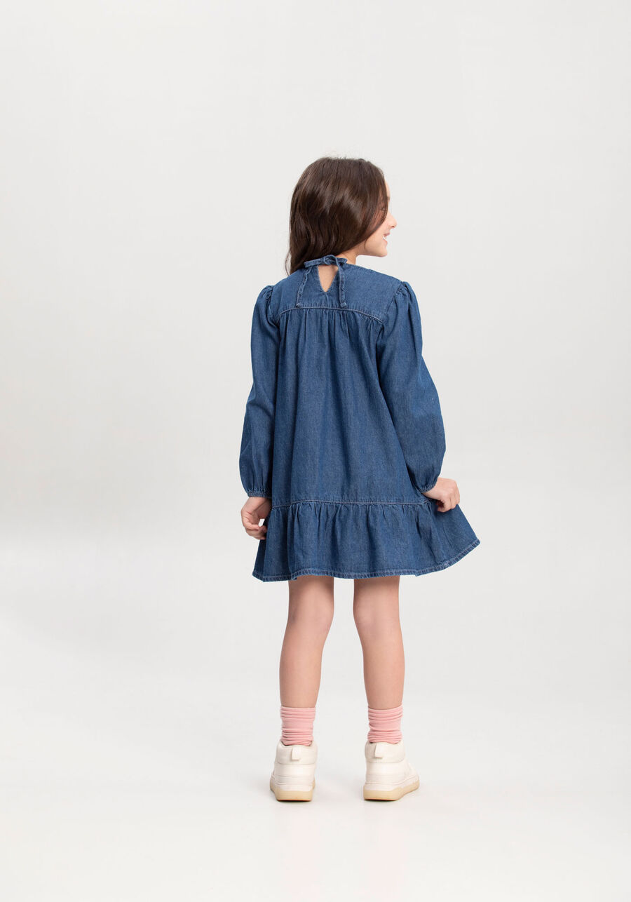 Vestido Jeans Curto Infantil Com Mangas Longas E Babado, JEANS. Vestido Jeans Curto Infantil Com Mangas Longas E Babado, JEANS, large.