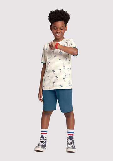 Conjunto Infantil com Camiseta Listrada e Bermuda, SUNSET BEGE, large.