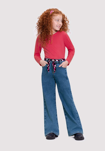 Calça Jeans Wide Leg Infantil Menina com Cinto, JEANS, large.
