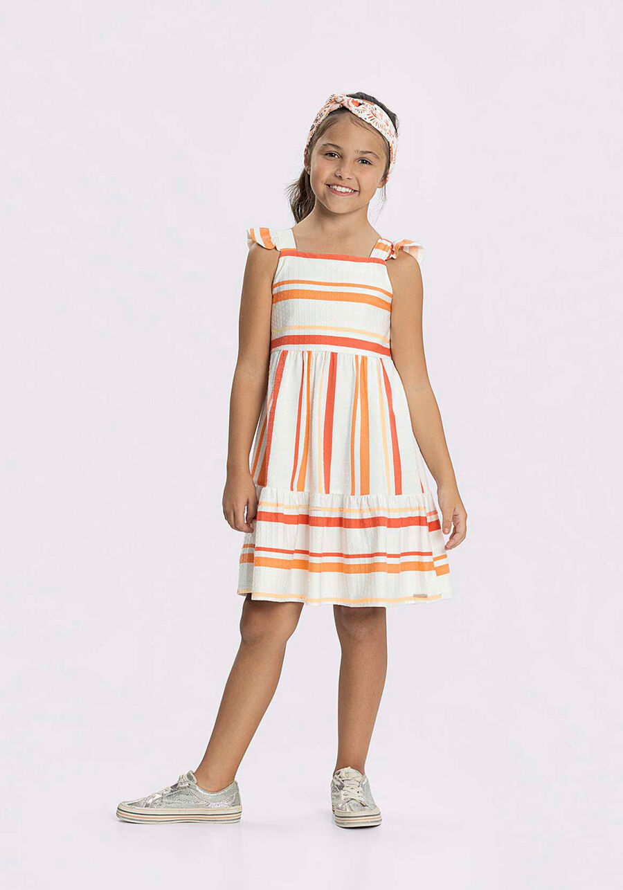 Vestido Infantil Com Listras Em Malha Texturizada Algodão, STRIPE LARANJA. Vestido Infantil Com Listras Em Malha Texturizada Algodão, STRIPE LARANJA, large.