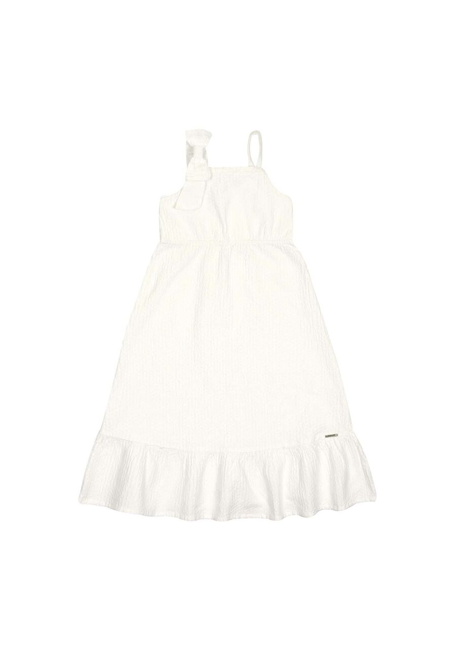 Vestido Midi Infantil Em Sarja Com Babado E Laço Na Alça, OFF WHITE. Vestido Midi Infantil Em Sarja Com Babado E Laço Na Alça, OFF WHITE, large.