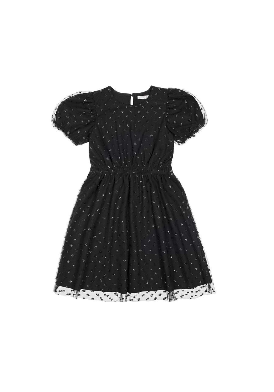 Vestido Curto Infantil Com Mangas Bufantes Em Tule Estampado, PRETO. Vestido Curto Infantil Com Mangas Bufantes Em Tule Estampado, PRETO, large.