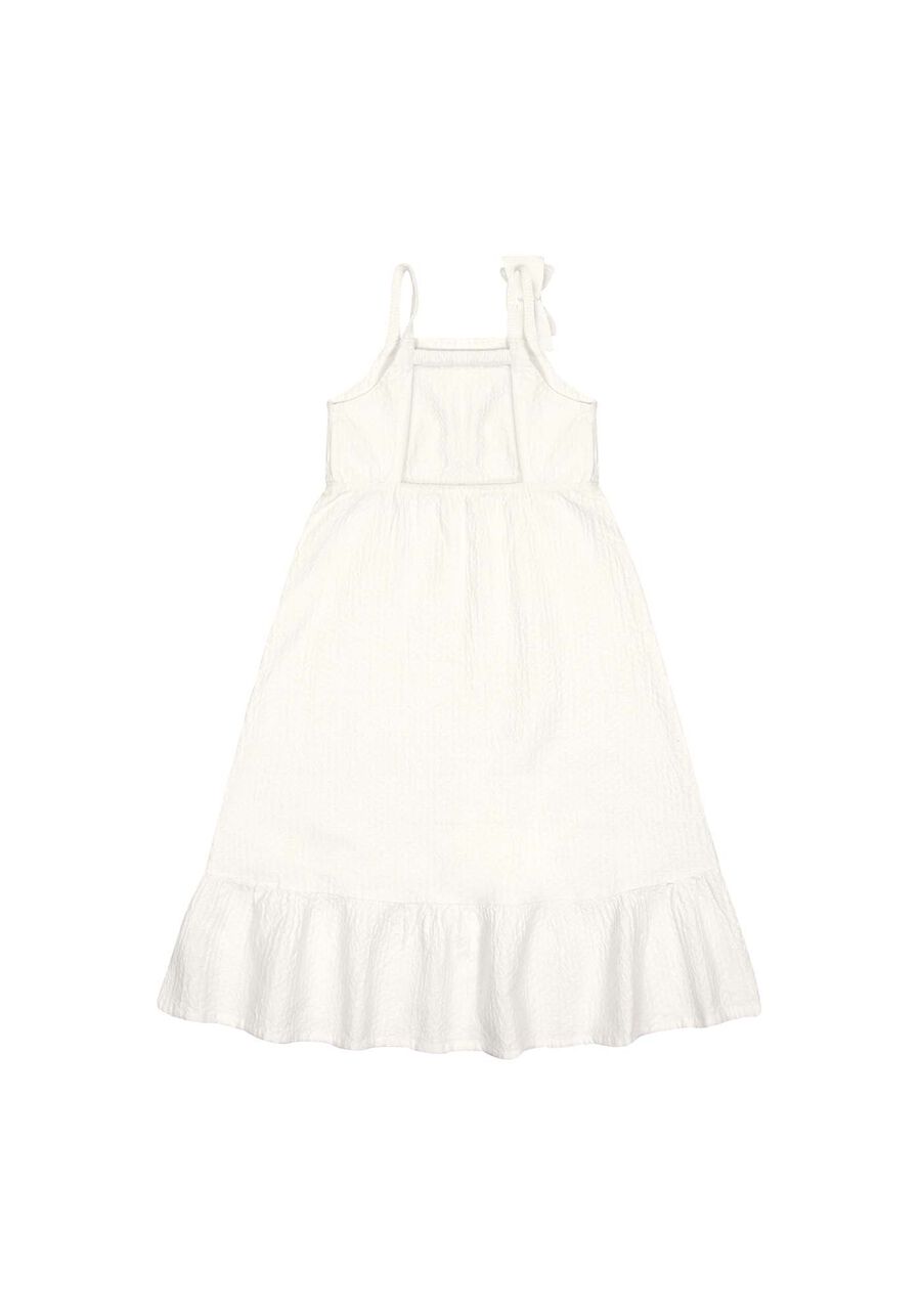 Vestido Midi Infantil Em Sarja Com Babado E Laço Na Alça, OFF WHITE. Vestido Midi Infantil Em Sarja Com Babado E Laço Na Alça, OFF WHITE, large.