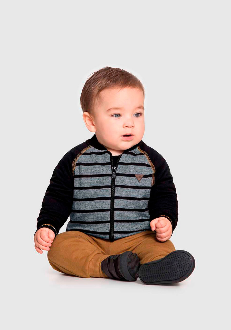 Conjunto Jaqueta Bomber Listrada e Calça Jogging, PRETO REATIVO. Conjunto Jaqueta Bomber Listrada e Calça Jogging, PRETO REATIVO, large.