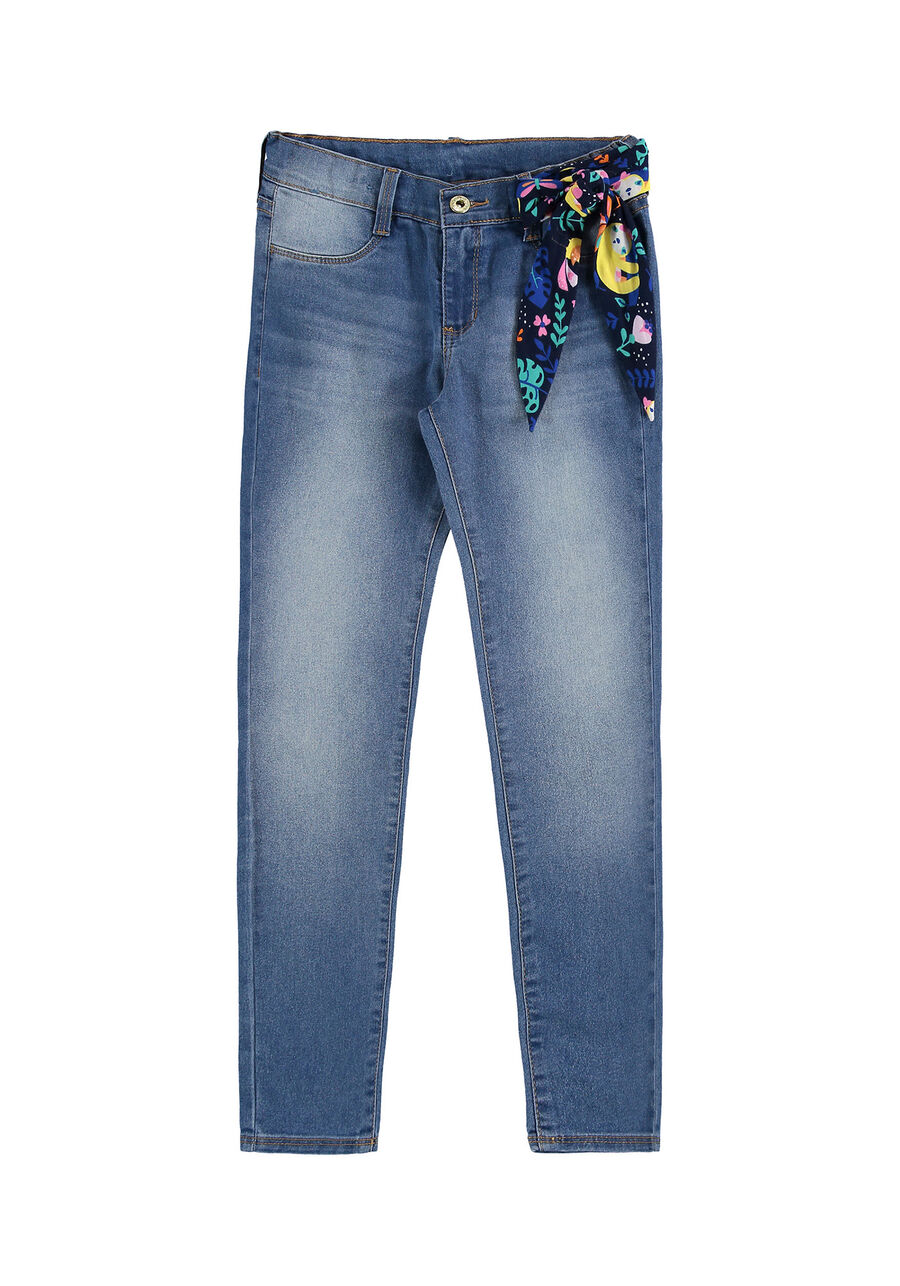 Calça Jeans Skinny com Elastano e Cinto Estampado, JEANS MEDIO, large.
