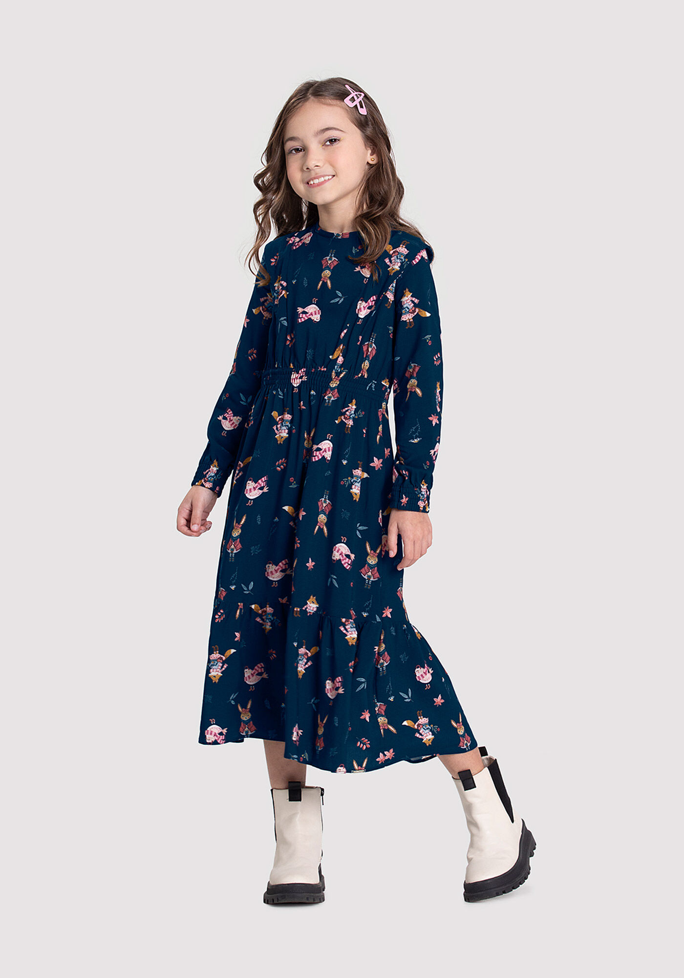 Vestido Midi Infantil Estampado com Manga Longa Alakazoo