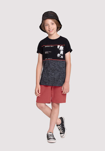 Conjunto Infantil Menino com Camiseta e Bermuda, PRETO, large.