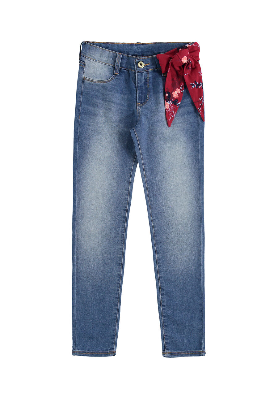 Calça Jeans Skinny com Elastano e Cinto Estampado, JEANS MEDIO, large.