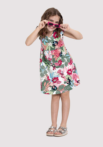 Vestido Evasê Infantil Menina com Estampa Tropical, TROPICALIA VERMELHO, large.