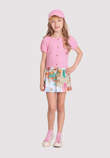 Conjunto Infantil Menina com Blusa e Shorts-Saia, FERIAS ROSA, large.