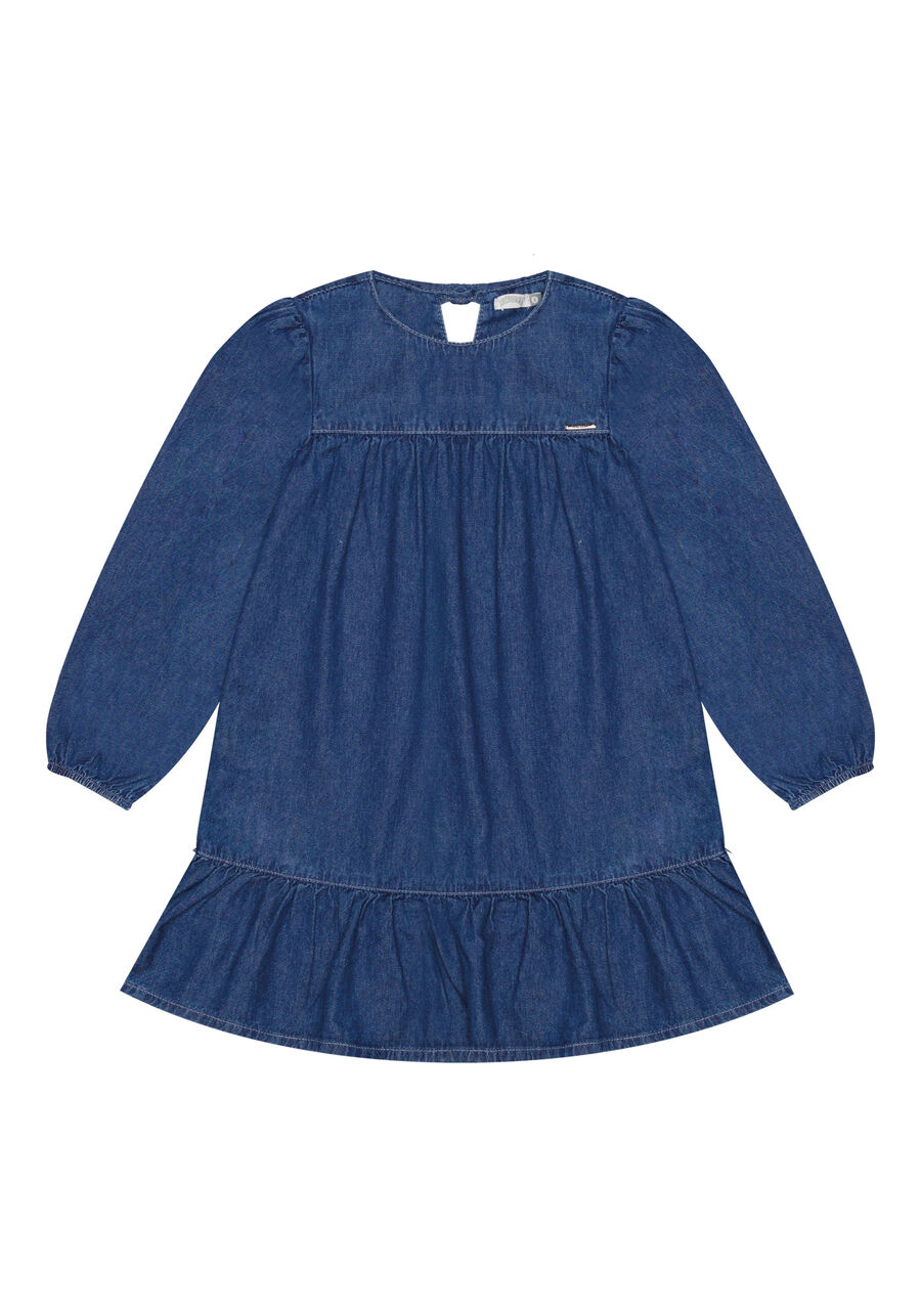 Vestido Jeans Curto Infantil Com Mangas Longas E Babado, JEANS. Vestido Jeans Curto Infantil Com Mangas Longas E Babado, JEANS, large.