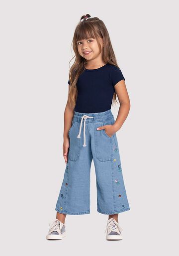 Calça Jeans Wide Leg Infantil Menina Bordada, JEANS, large.