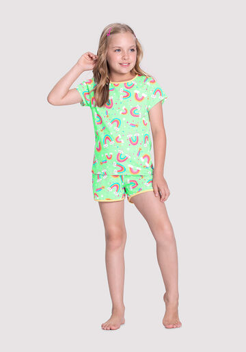 Pijama Curto Infantil Menina em Malha Estampado, SKY VERDE, large.