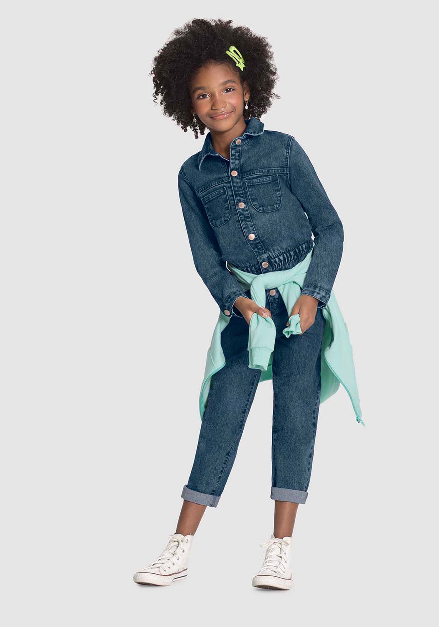 Macac o Jeans Feminino com Manga Longa e Cinto Alakazoo