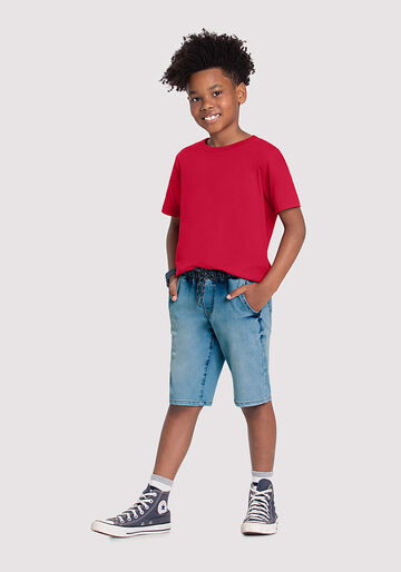 Bermuda Jeans Infantil Menino Estonada com Cadarço, JEANS, large.