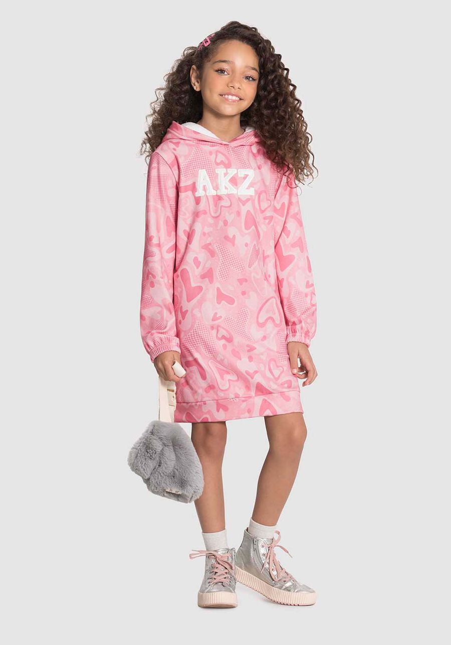 Vestido Manga Longa com Capuz Estampado, DOCURA ROSA. Vestido Manga Longa com Capuz Estampado, DOCURA ROSA, large.