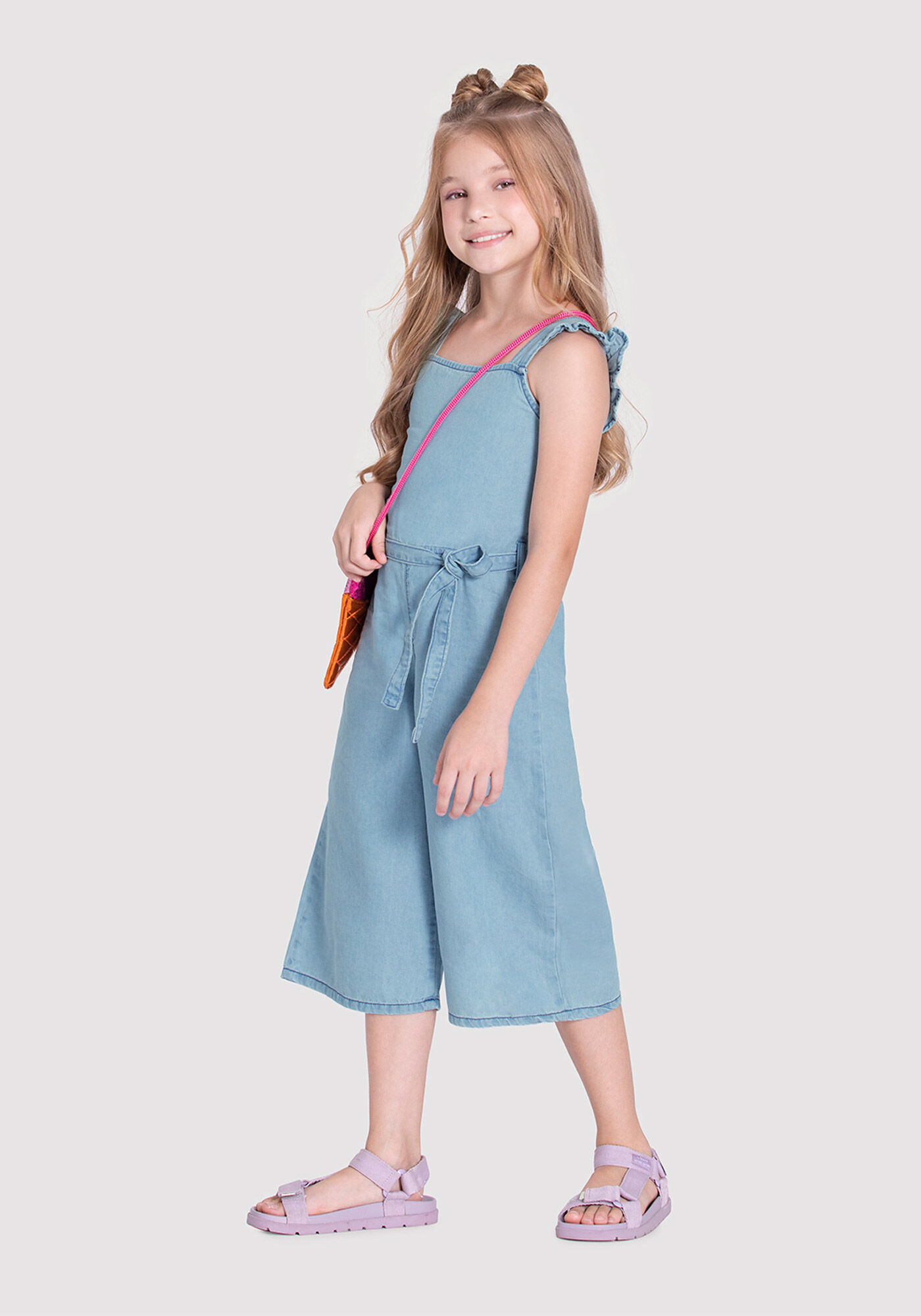 Macac o Midi Jeans Infantil Menina com Lastex Alakazoo