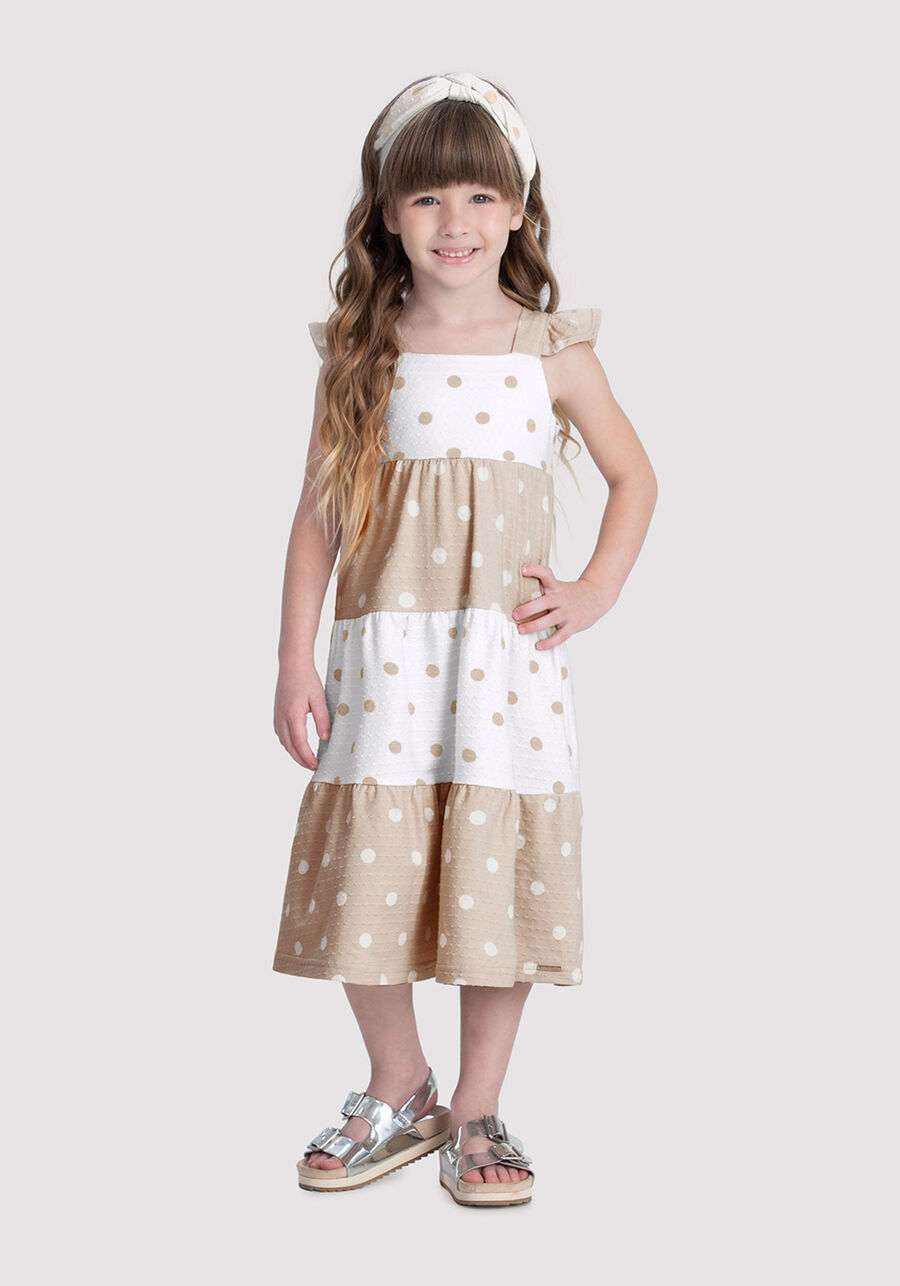 Vestido Midi Infantil Menina Poá com Babados, POIS OFF/BEGE. Vestido Midi Infantil Menina Poá com Babados, POIS OFF/BEGE, large.