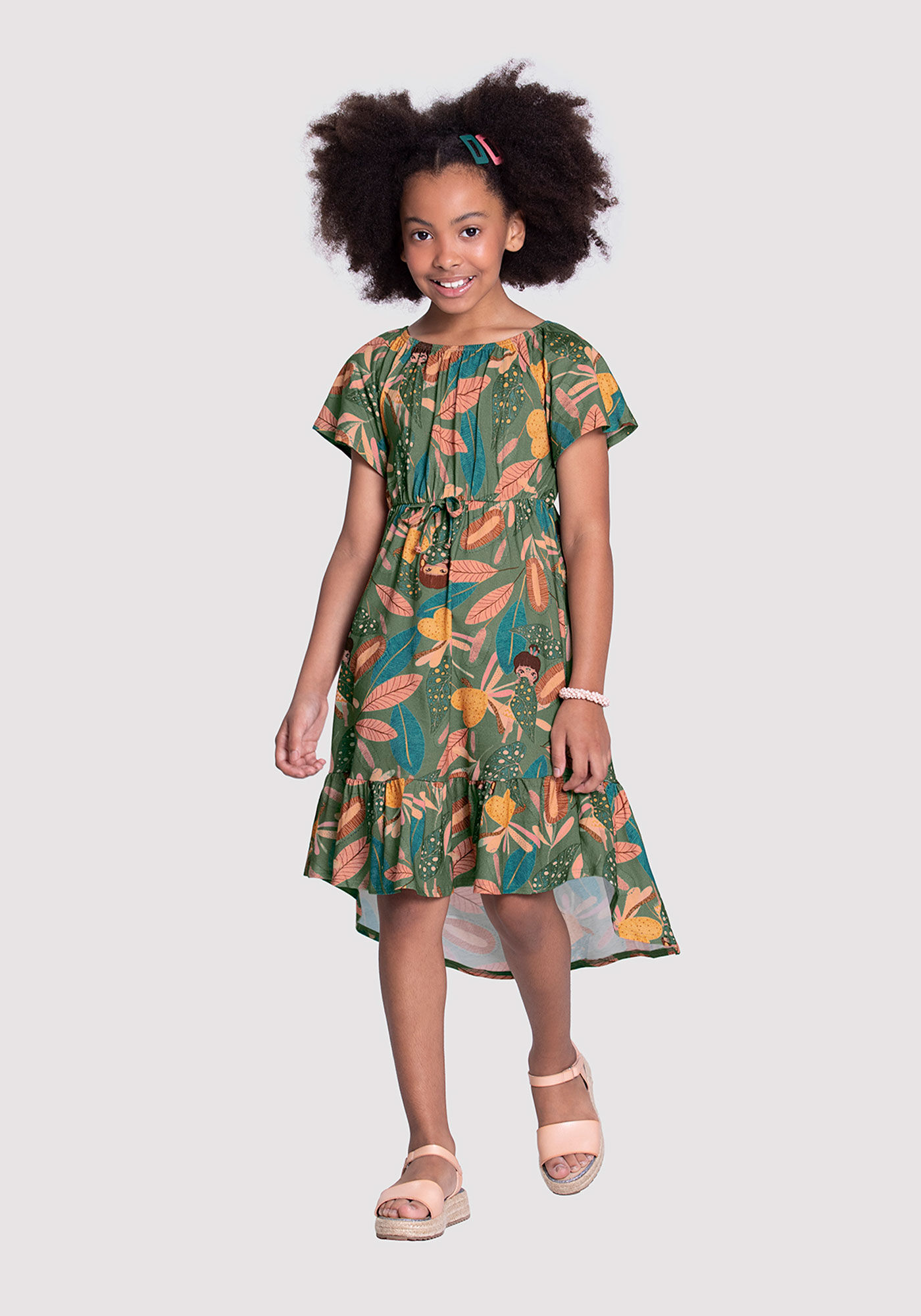 Vestido Midi Infantil em Malha Estampado com Babado Alakazoo