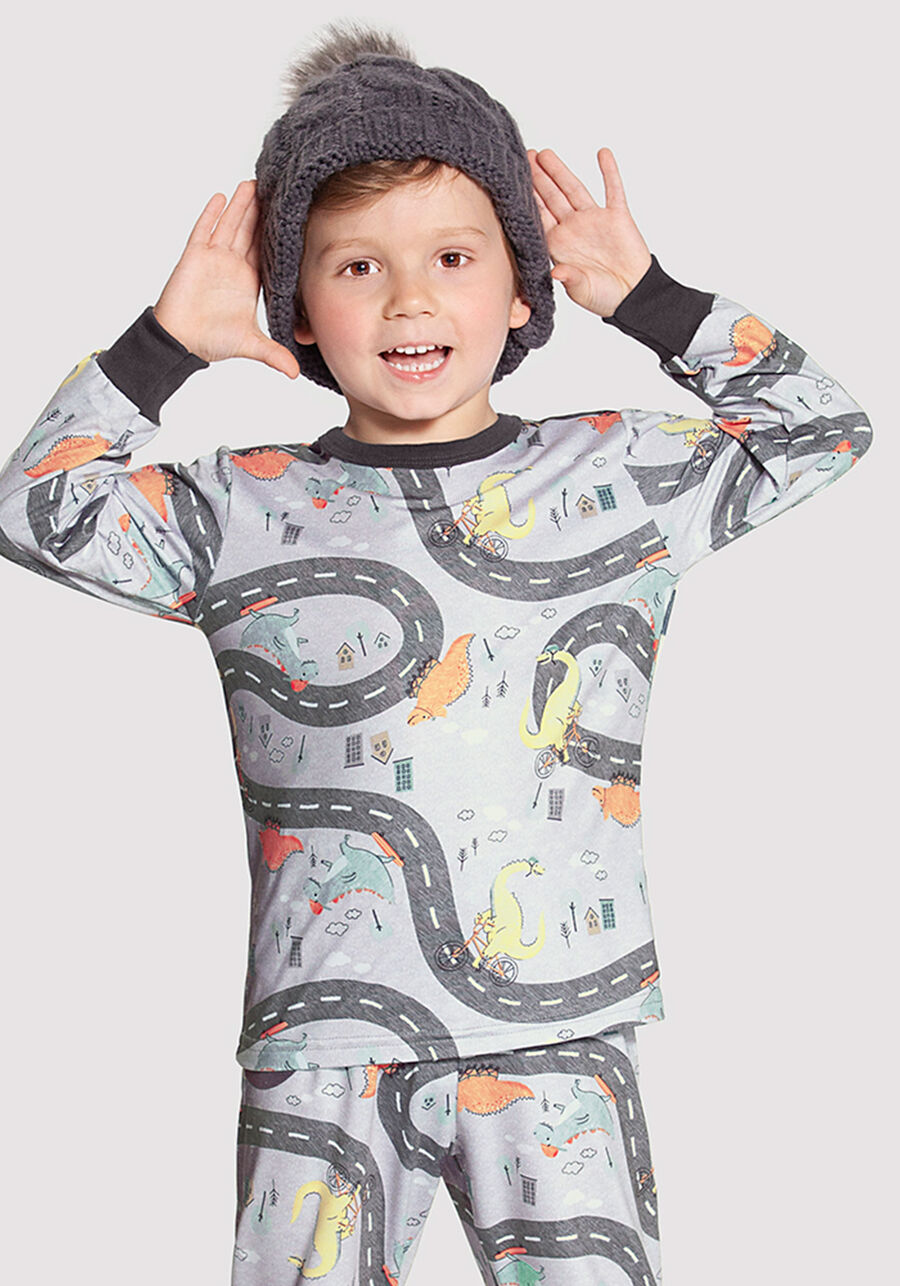 Pijama Longo Infantil Menino Estampado, DINO CINZA, large.