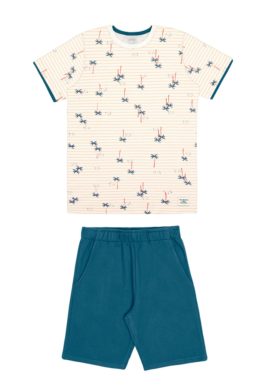 Conjunto Infantil com Camiseta Listrada e Bermuda, SUNSET BEGE, large.