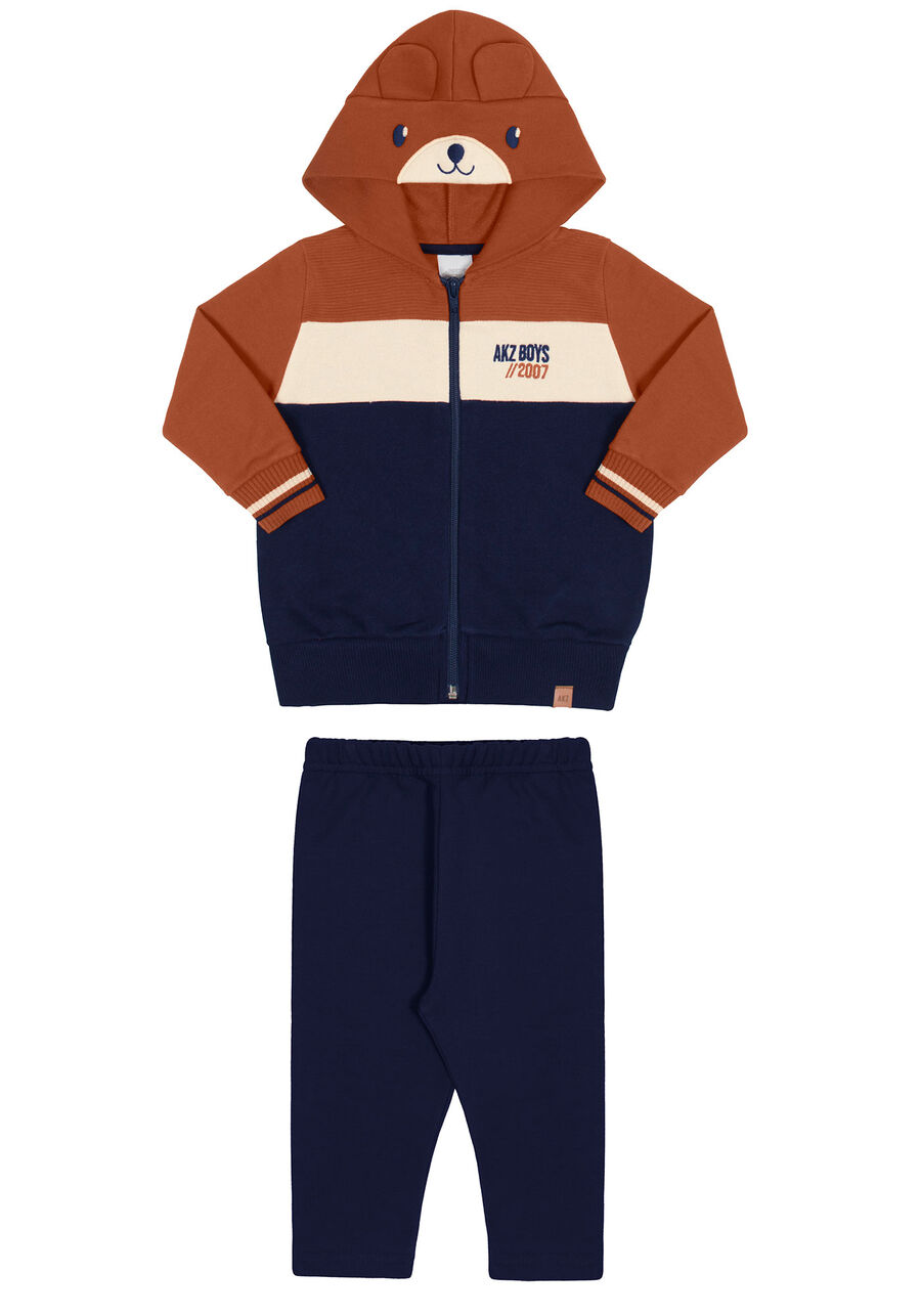 Conjunto Jaqueta com Capuz Bordado e Calça, LARANJA FERRUGEM. Conjunto Jaqueta com Capuz Bordado e Calça, LARANJA FERRUGEM, large.