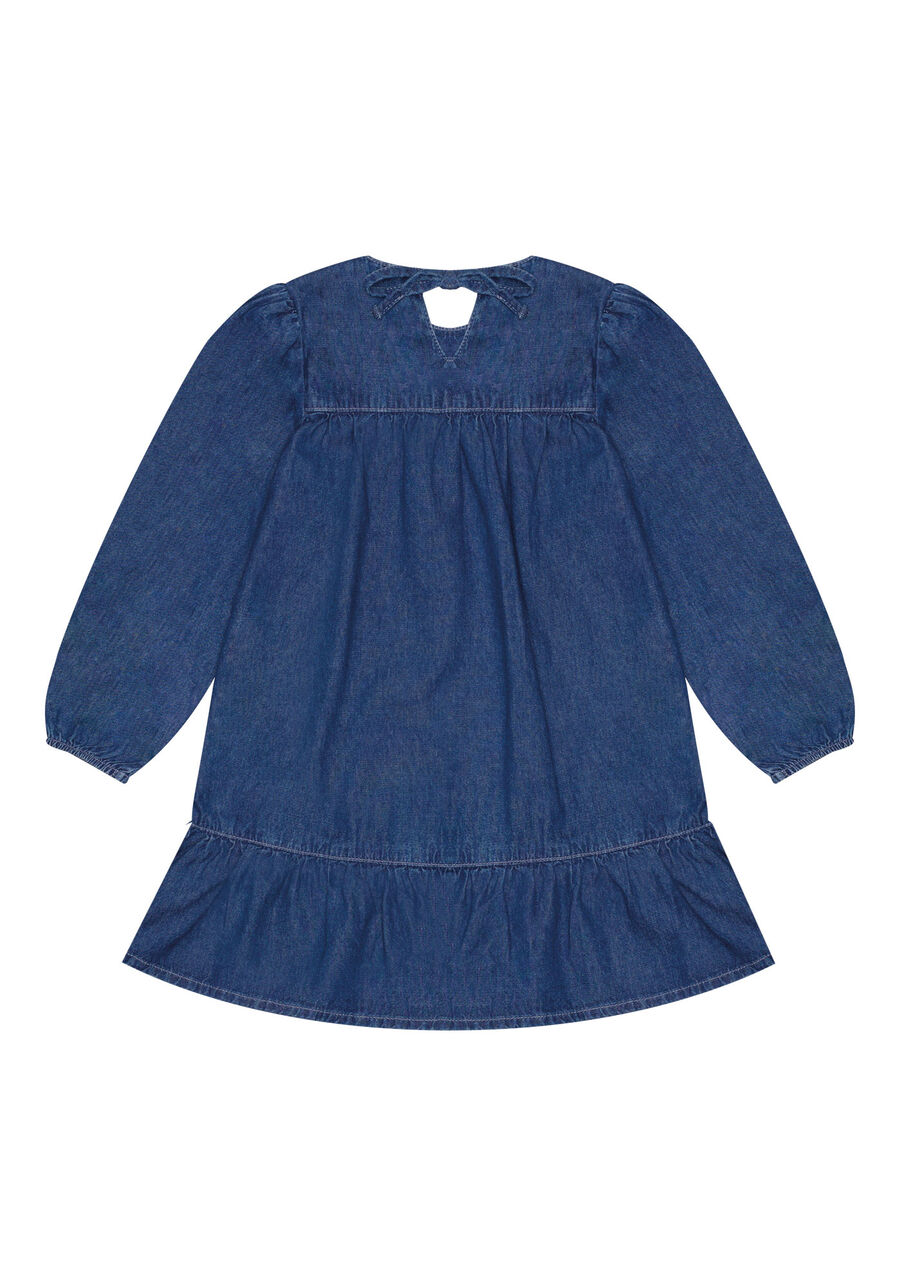 Vestido Jeans Curto Infantil Com Mangas Longas E Babado, JEANS. Vestido Jeans Curto Infantil Com Mangas Longas E Babado, JEANS, large.