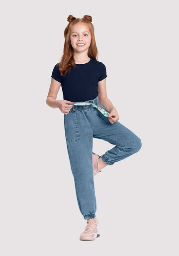 Calça Jeans Infantil Menina Jogger com Lenço, JEANS, large.