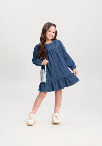 Vestido Jeans Curto Infantil Com Mangas Longas E Babado, JEANS. Vestido Jeans Curto Infantil Com Mangas Longas E Babado, JEANS, large.